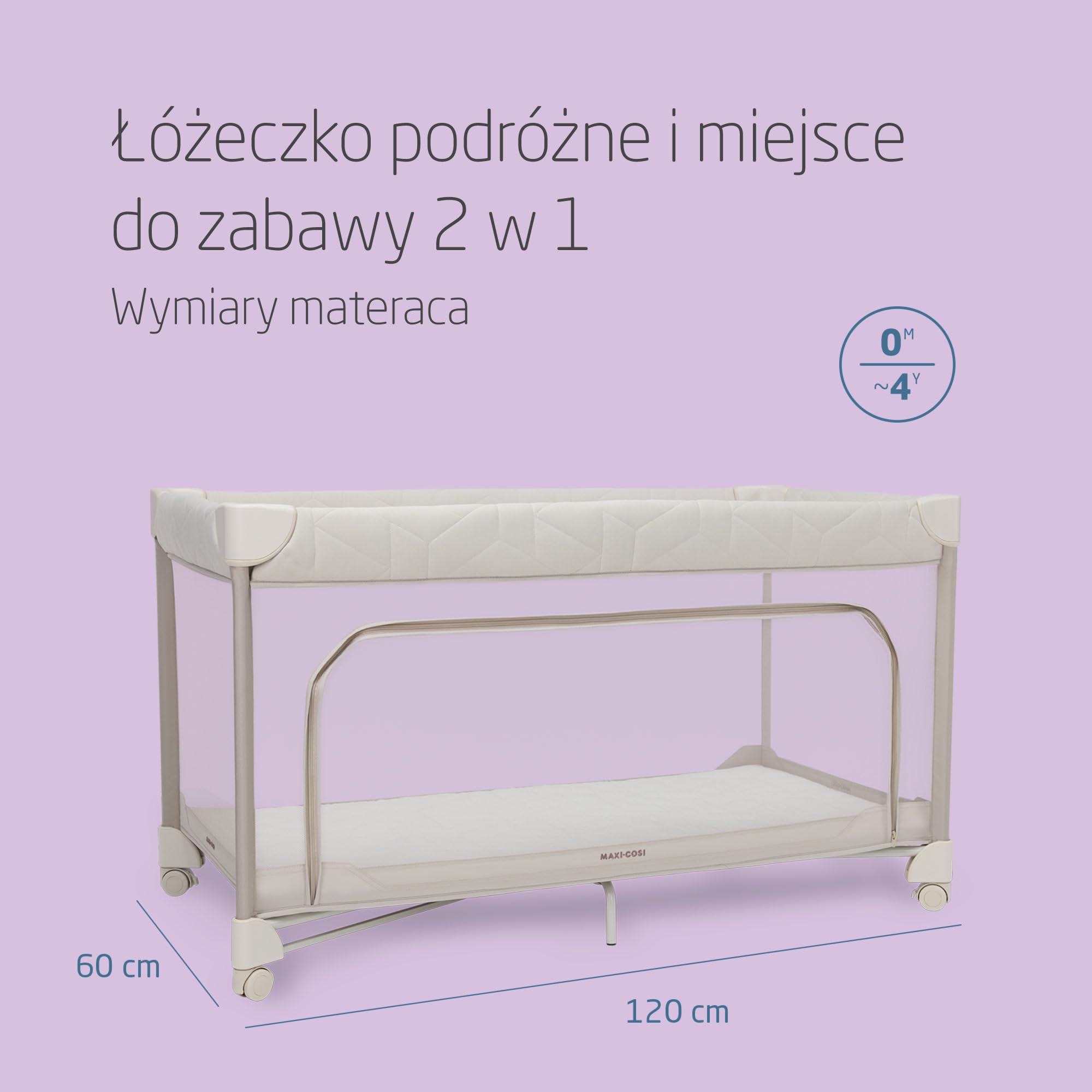 Maxi-Cosi Merlin, Łóżeczko Turystyczne & Plac Zabaw 2 w 1, 0–4 lat, do 18 kg, Łóżeczko Podróżne, Składa Się w 1 Sekundę, Materac CloudCore 120x60 cm, Boczne Wejście, 4 Kółka, Elegance Beige