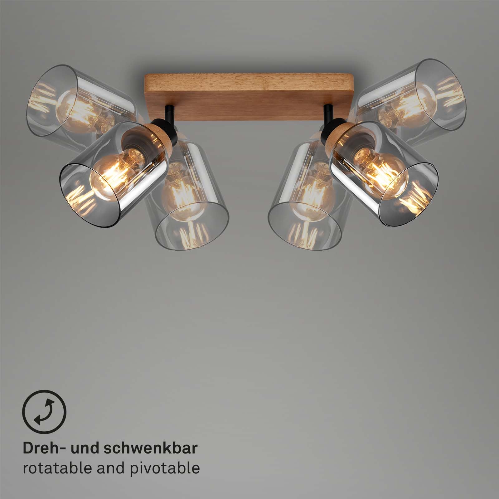 BRILONER – Deckenlampe, Deckenleuchte, Lampe, Rauchglas, Schwenkbar, Wohnzimmerlampe, Schlafzimmerlampe, Küchenlampe, Schwarz-Holz
