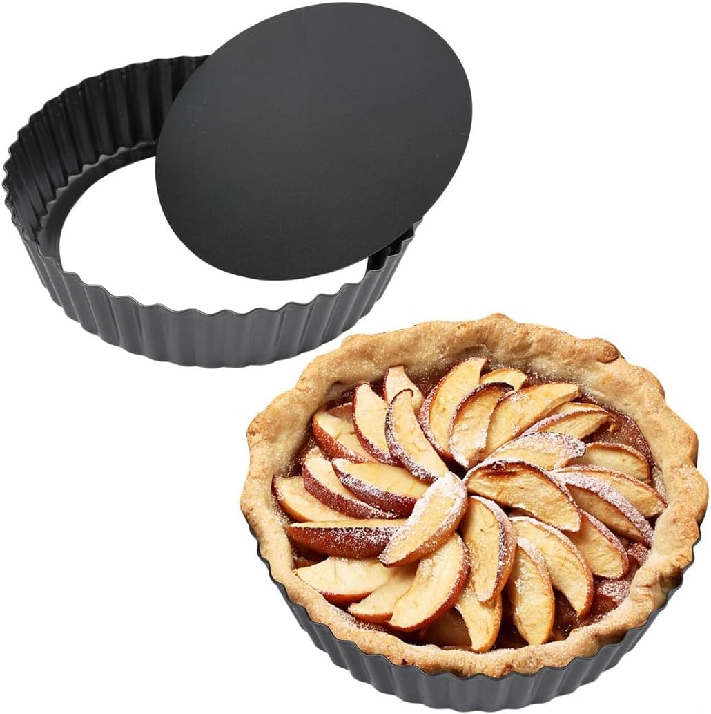 Fluted Round Tart Quiche Pie Pans, 2 Packs Non-Stick Tart Pans, Baking Pan Dish, Carbon Steel, Easy to Use and Clean, 9''/22.8 Cm Pie Pans with Removable Bottom