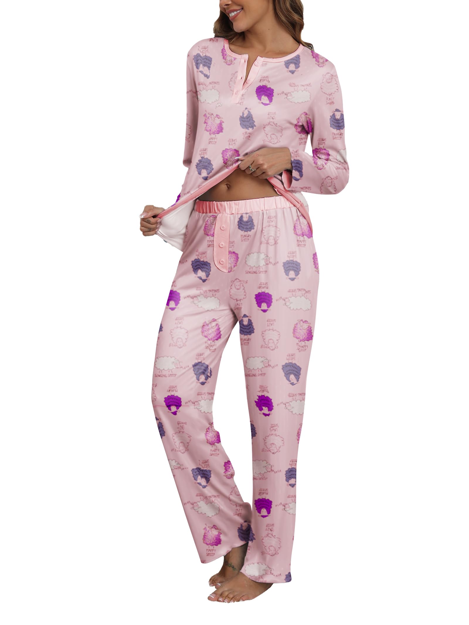 iChunhua Pajamas Set for Women Long Sleeve Henley Neck Comfy Pjs Color Block Lounge Sets