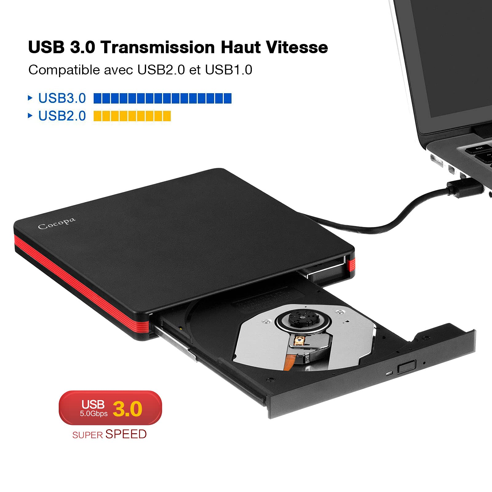 Cocopa Lecteur DVD Externe, USB 3.0 Graveur Enregistreur Portable CD Rom +/-RW Mince Player Transmission Rapide Câble USB Intégrée Win7 10 Mac Os Apple iMac Macbook Laptop PC