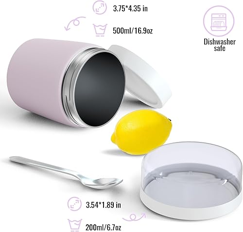 Miniatura 3 de Tarro de comida aislado 2 en 1, termo a prueba de fugas de 16.9 onzas con recipiente desmontable para aperitivos (6.7 onzas) y cuchara, recipiente