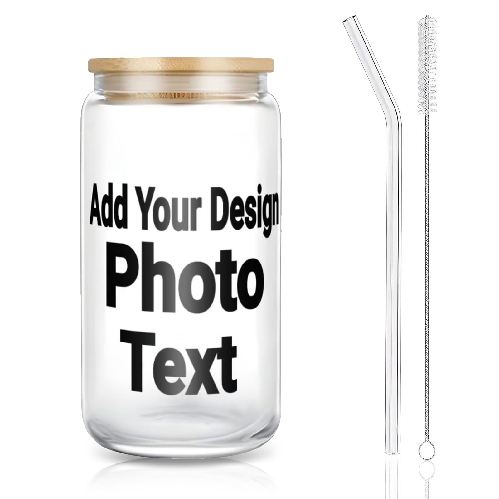 Personalised Photo Text Glass Cups with Lid, Straw, Cleaning Brush 16OZ Custom Can Shaped Drinking Glasses, Iced Coffee Cup for Smoothies, Beer, Parties, BBQ Picture Gifts for Women Men, 450ml