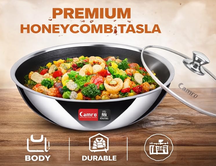 Image of Camro Stainless Steel Tasla 8 Litre 34 Cm | Triply Honeycomb Extra Deep Tasla with Lid | 3-Layer Body | Tri ply Kadai Cookwear Taslas for Cooking | Induction & Gas Stove