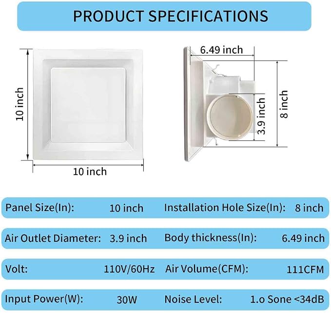 Extractor de baño 10" panel, ventilación silenciosa 111 CFM miniatura 2