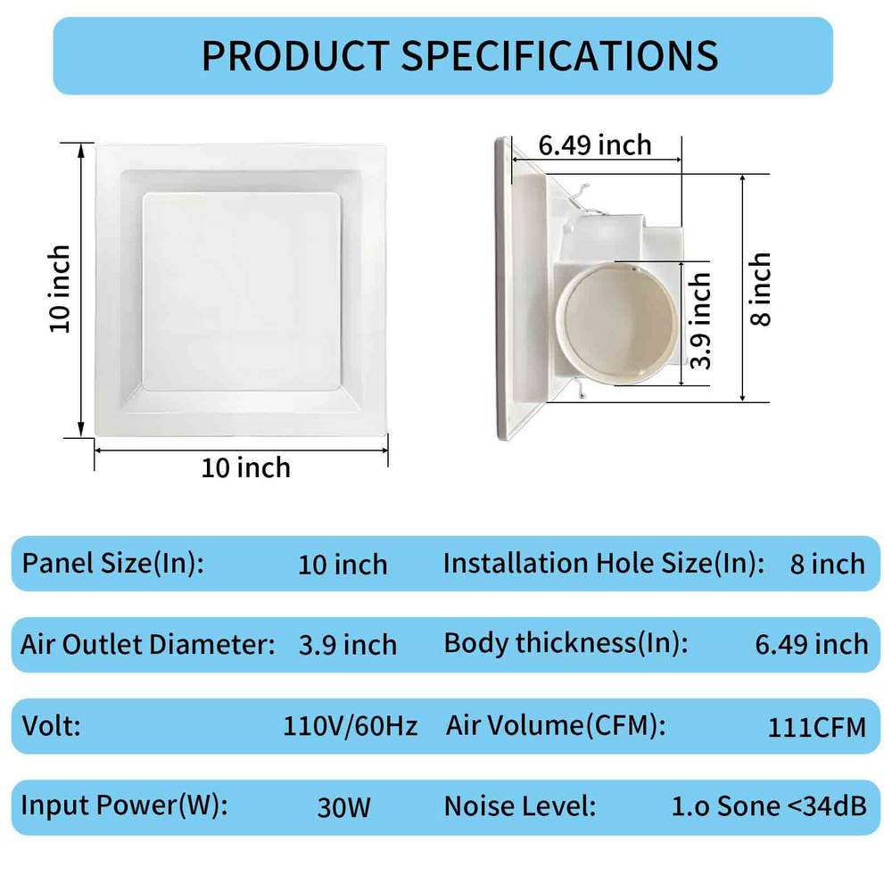 Ventilador extractor de baño de 25,4 cm, tamaño del agujero de 20,3 cm, montaje en techo, sin luz, ventilación cuadrada, silencioso, 111 CFM, 1,0 sonidos, ventilador