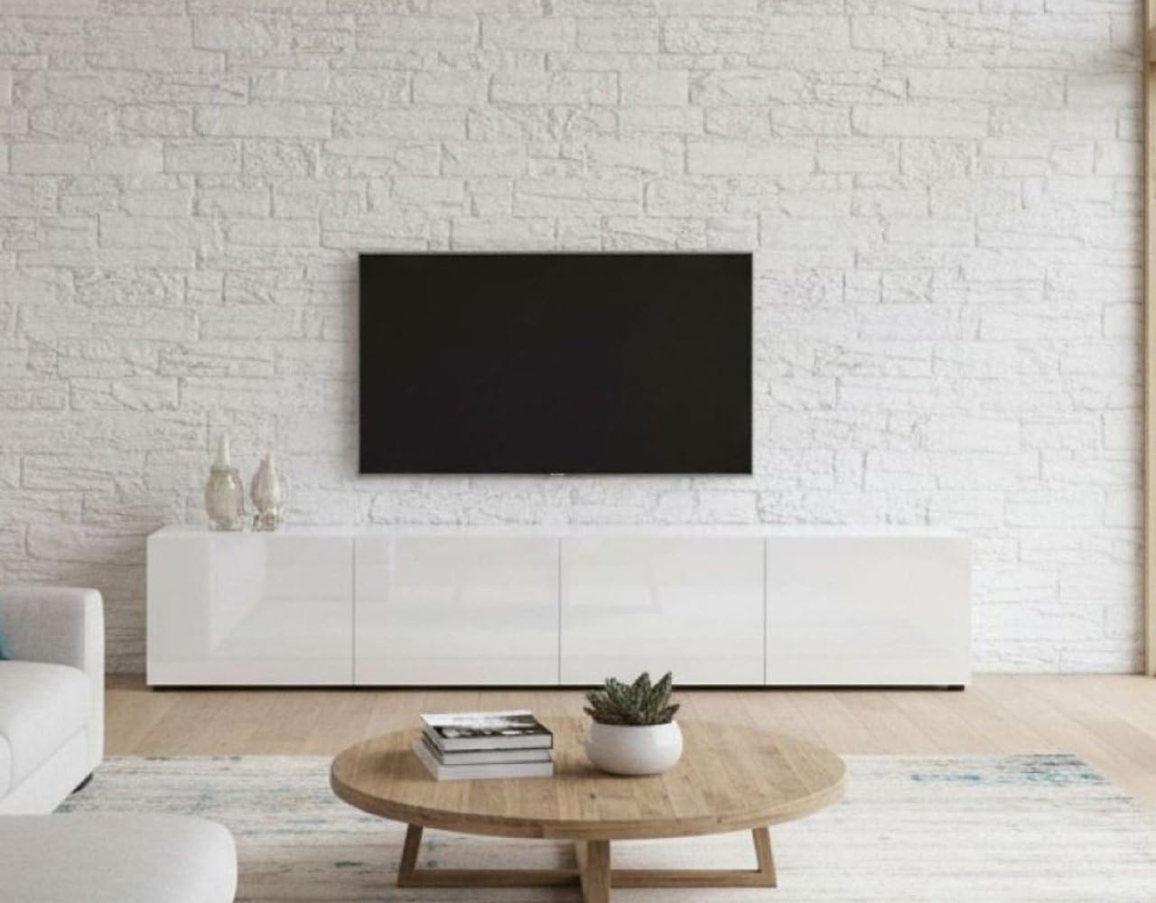 Dmora - Mobile porta TV Randfontein, Credenza da soggiorno, Armadio basso per TV, Base parete attrezzata, Made in Italy, 225x38h39 cm, Bianco lucido