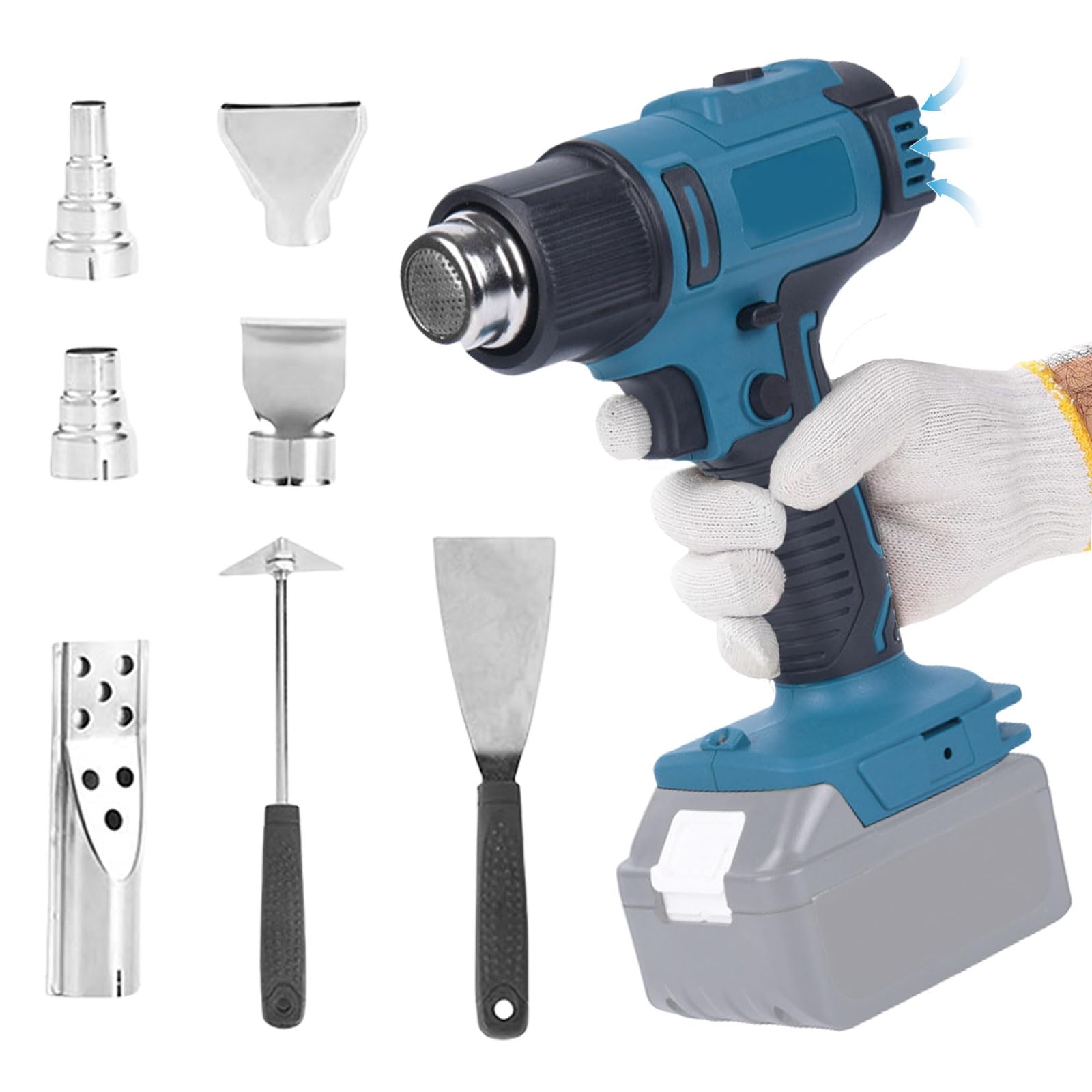 Pistola termica a batteria compatibile con batteria Makita da 18 V, con regolazione del volume d'aria a 2 livelli, temperatura fino a 550 °C e 7 ugelli per saldatura, piegatura di tubi (senza batterie