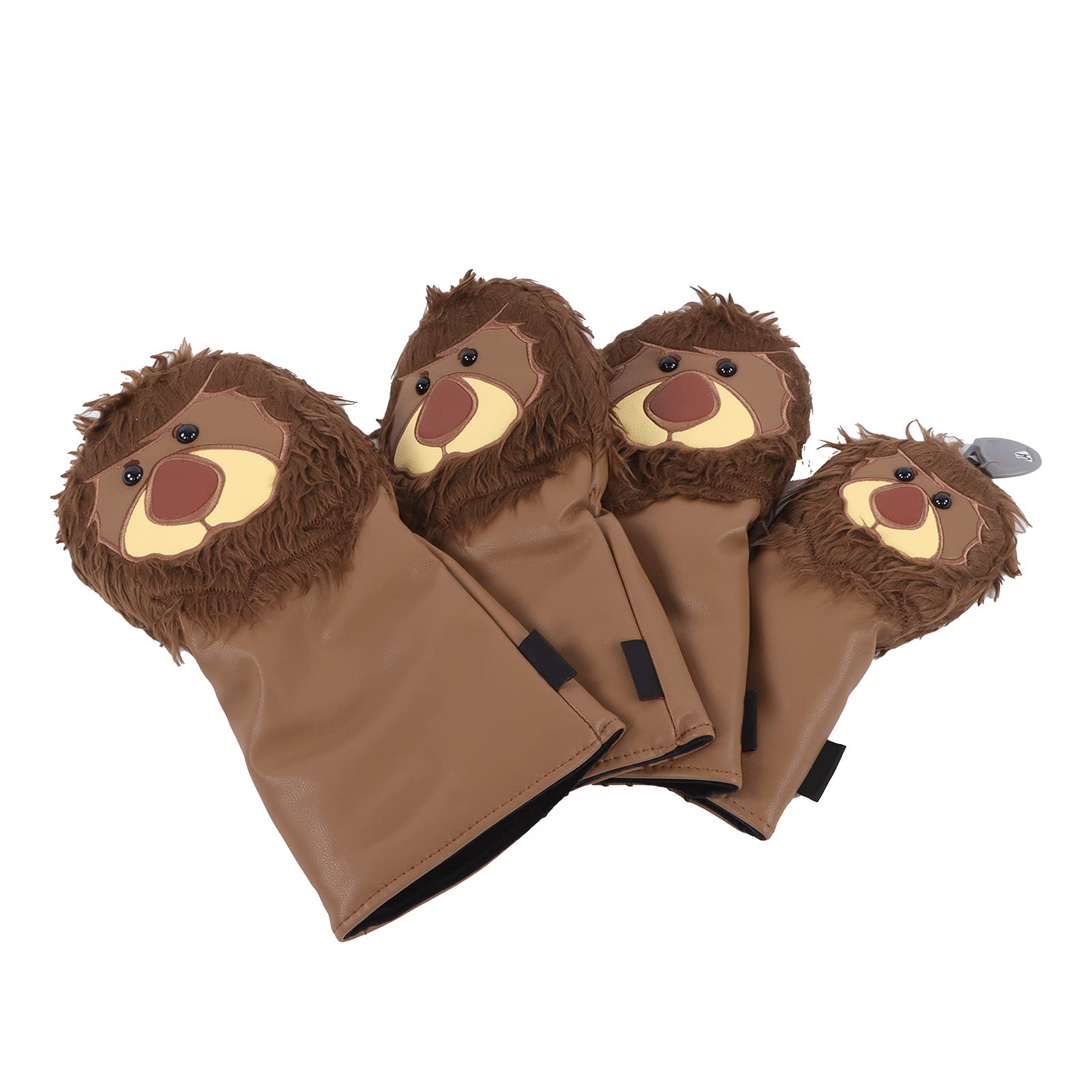 Golfschläger-Kopfbedeckungen, Löwe, Cartoon-Tier-Design, wasserdichter PU-Stoff, Dicker Plüsch, 4-teiliges Set für Fahrer, Fairway-Holz, Hybridschläger, braun