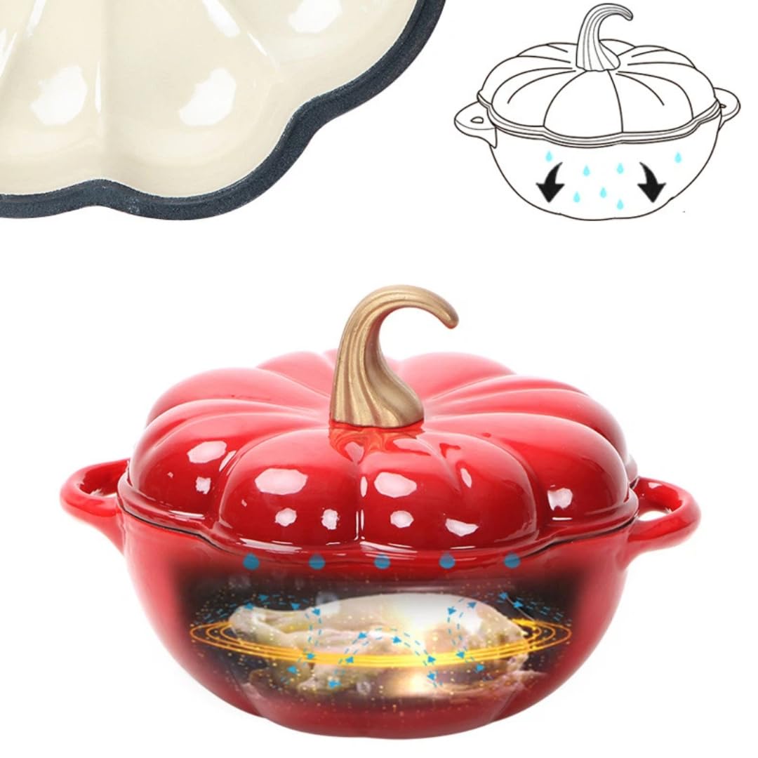 Olla de calabazaTapa de olla para horno, olla de doble oreja, olla de hierro fundida para cocinar al vapor, comidas horneadas en estofado y horno (24 cm/rojo y verde)