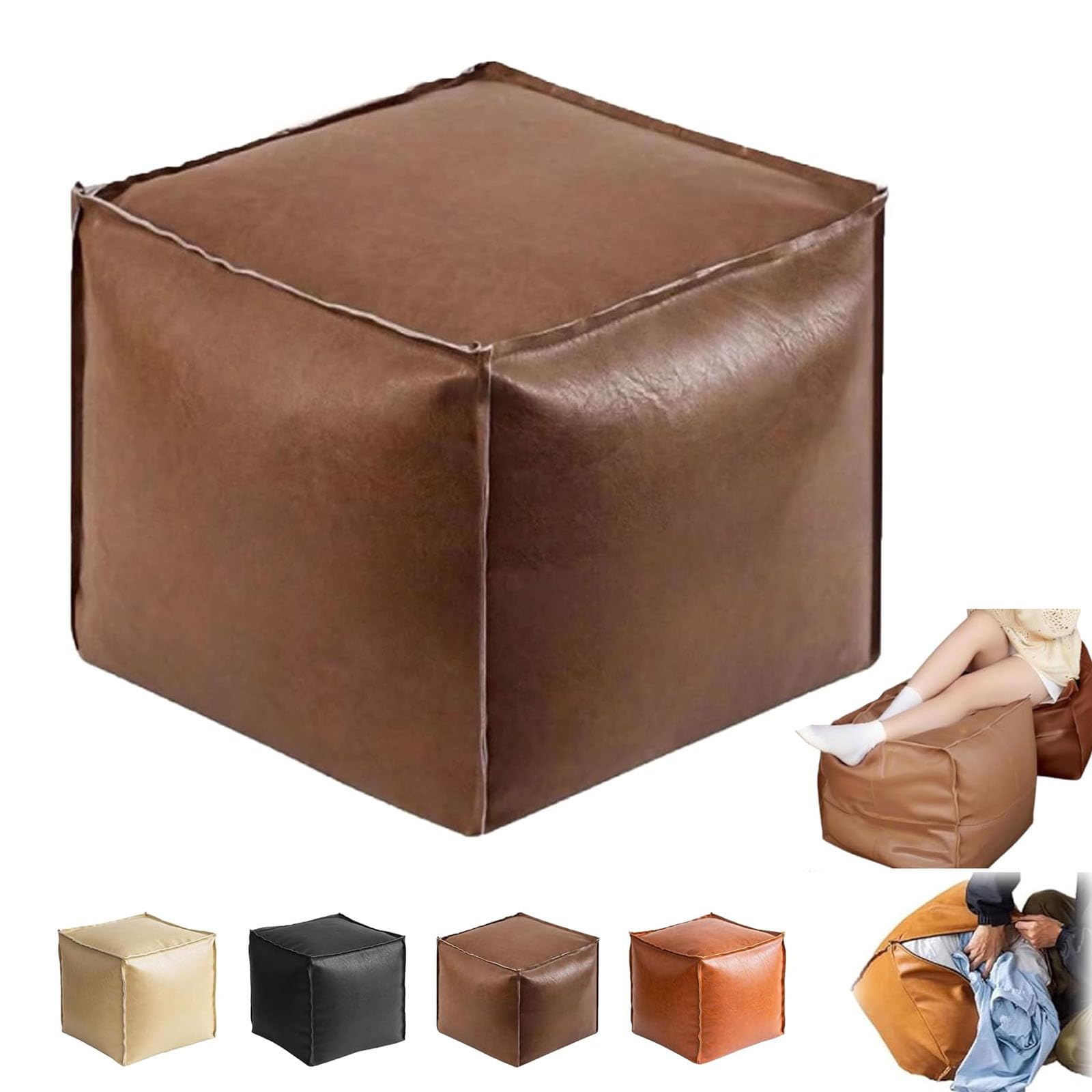2025 New Stuffable Cushion Bag,Unstuffed Pouf Ottoman Cover,16 inch Floor Footrest Cushion Storage Solution,Faux Leather Pouf Cover,Store Idle Clothes, Dolls, Blankets (Brown)
