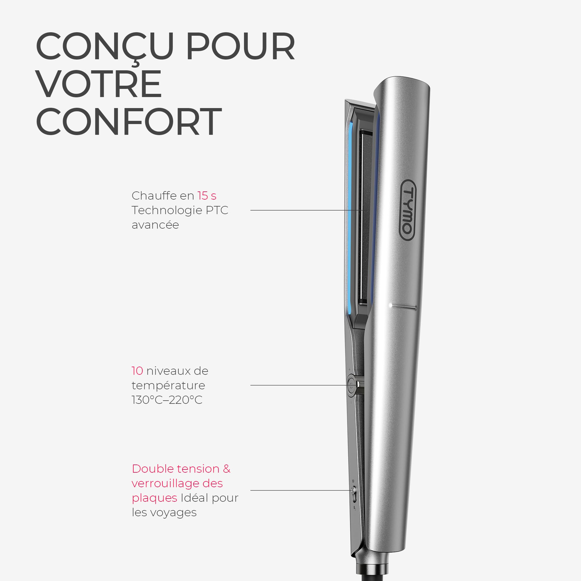 TYMO Lisseur Cheveux, Lissage en Un Seul Passage & Boucles Souples, Plaques 25 mm, 500M Ions Négatifs, Anti-Brûlure, Glisse 3× Plus Fluide, Styling 2× Plus Rapide, Moins de Dommages dus à la Chaleur