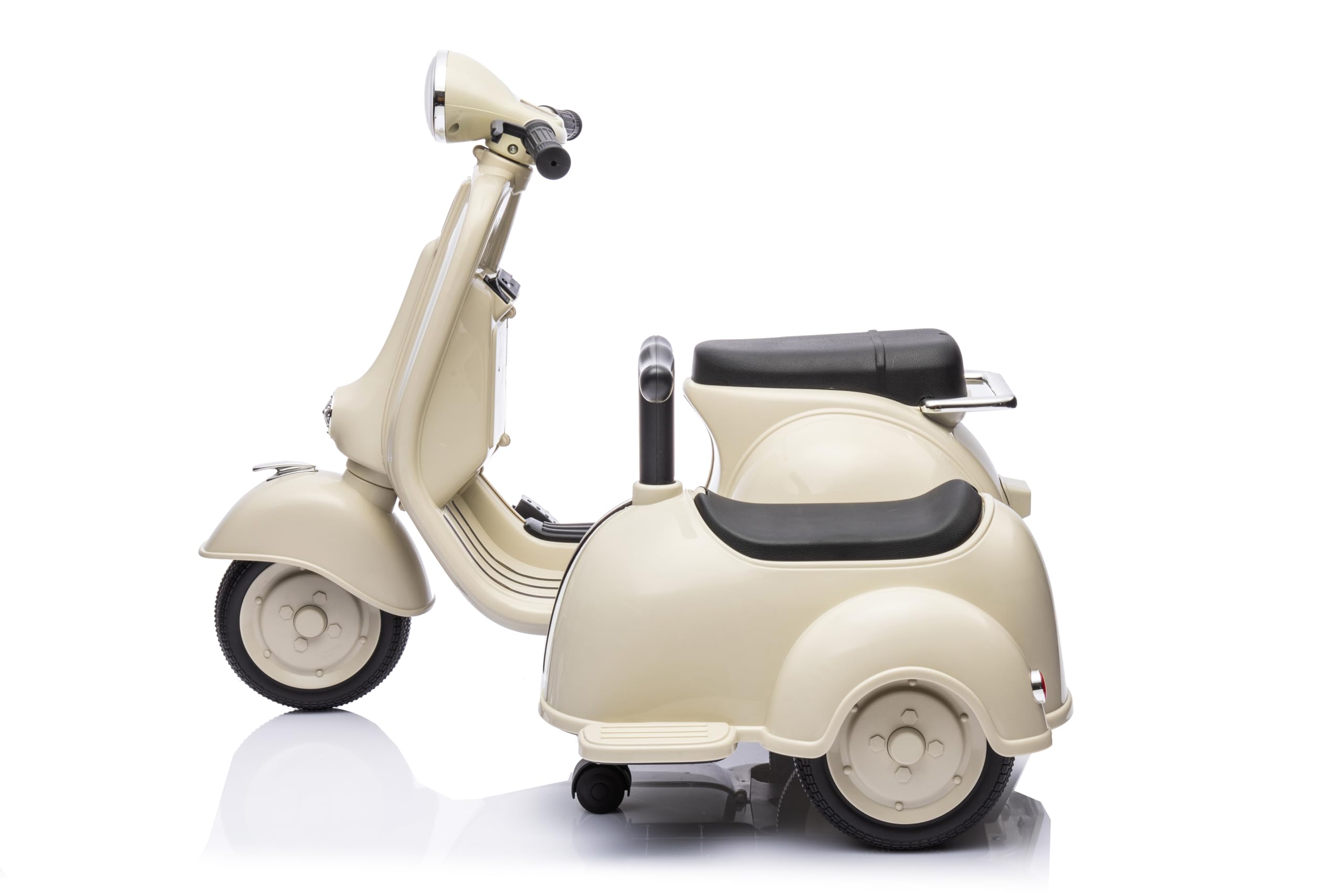 MR J toys&more Piaggio Vespa con Sidecar Small Elettrica 6V per Bambini con USB e luci mp3 Due posti Suoni e mp3 Elettrica (Beige)