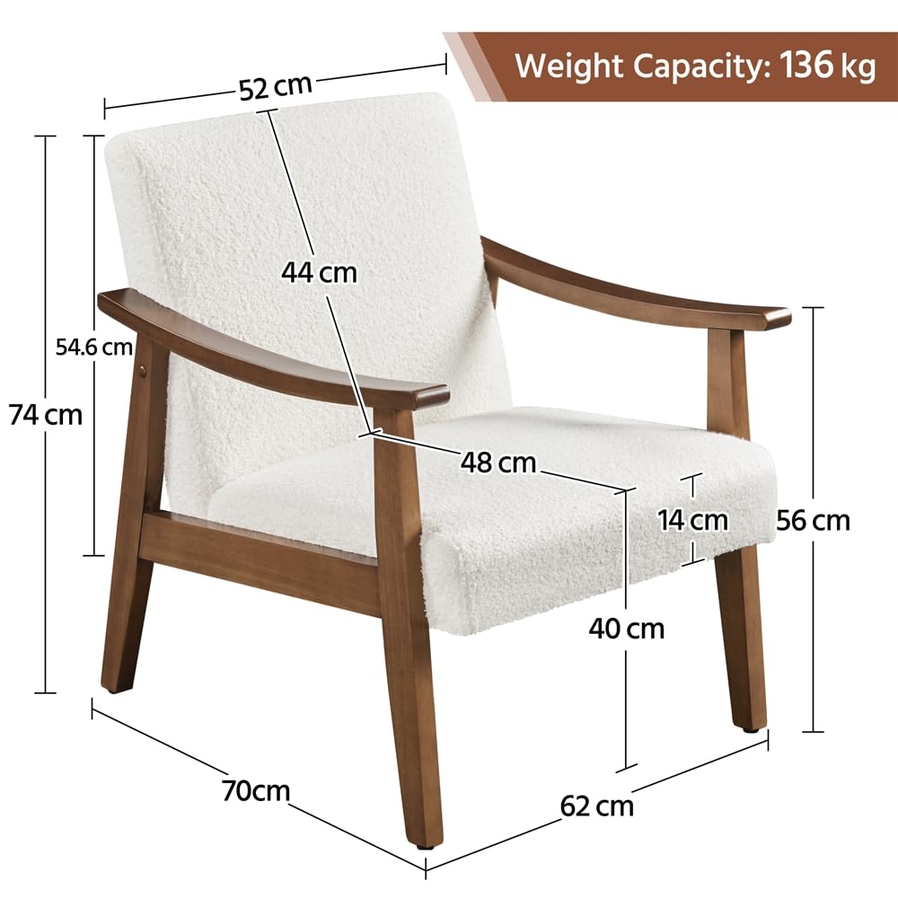 Yaheetech Butaca de Salón Tapizado en Bouclé Sillón Individual con Respaldo Acolchado y Reposabrazos de Madera Maciza Sofá Individual Ergonómico Soporte 136 kg Blanco