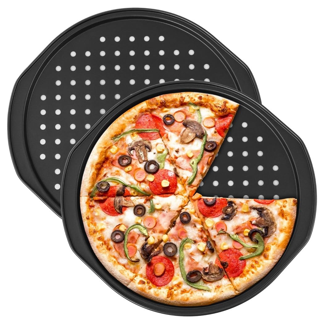 Pizza-Pfannen aus Karbonstahl, antihaftbeschichtet, mit Griffen, perforiert für knusprige Pizzakruste, vielseitig zum Backen und Braten