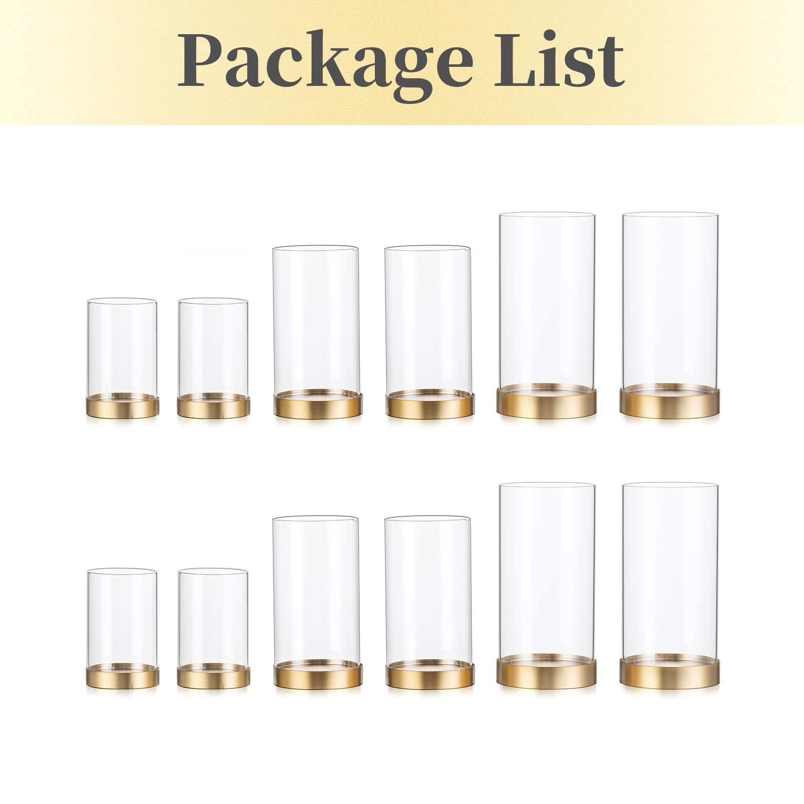 Hewory Hurricane Candle Holder Gold : Lot de 12 photophores en Verre pour Bougies piliers, Lanterne décorative avec Plateau en métal pour Le Salon, la Salle à Manger, la Table Centrale