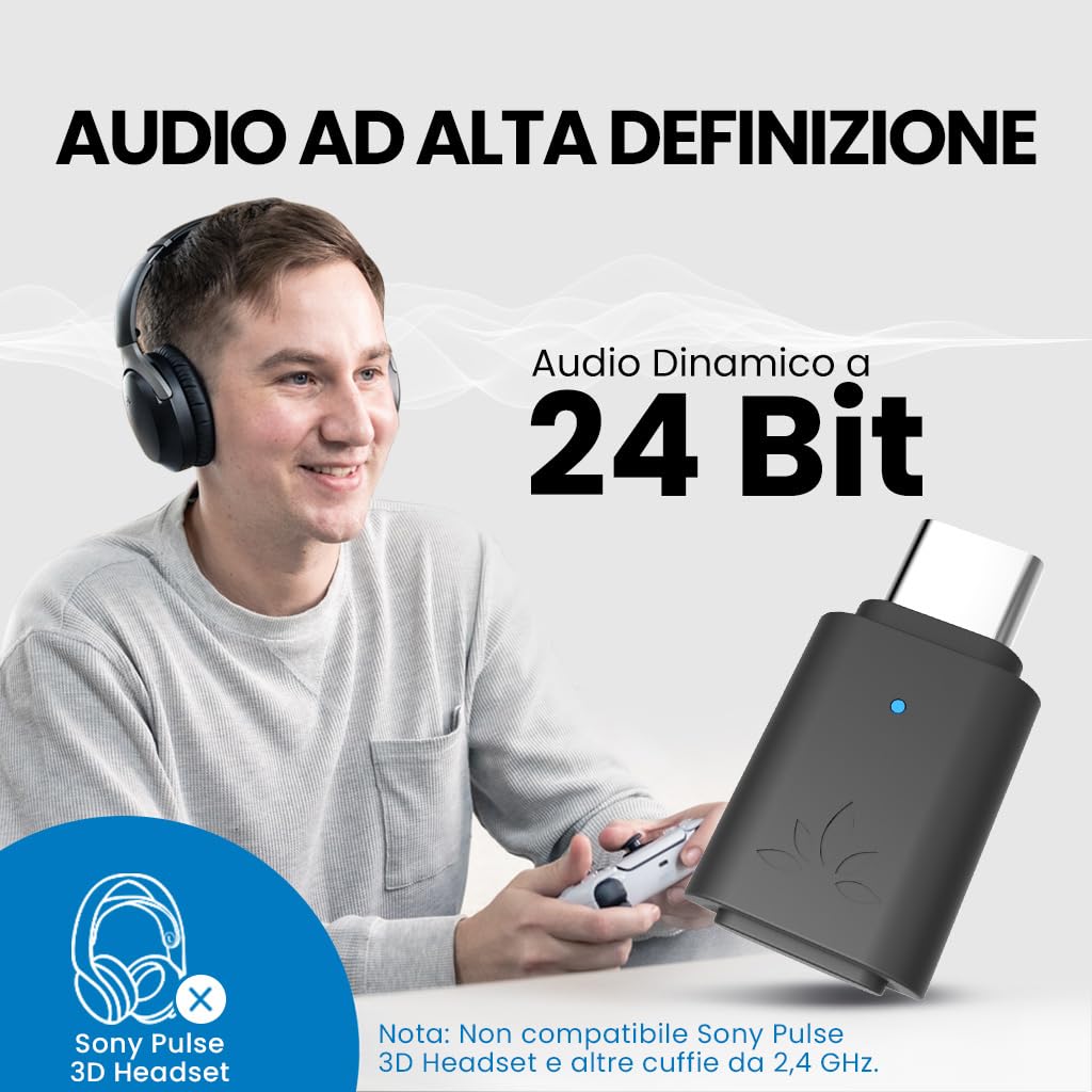 Avantree C81-Gaming – Adattatore Audio USB-C Bluetooth 5.3 per PS5, chip Qualcomm, aptX Adaptive & HD, Audio Premium, compatibile con AirPods, Cuffie Bose e altro (non compatibile con Pulse 3D)