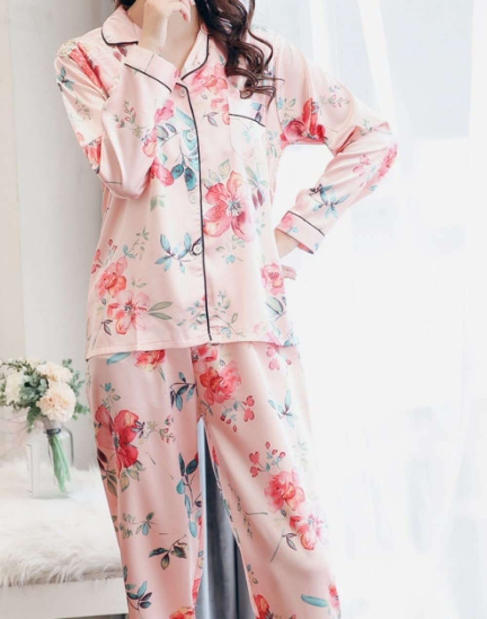 Pijamas para Mujer Conjunto De Pijama De Poliéster con Estampado De Flores De Solapa Roja Conjunto De Pijama De Manga Larga Regular Suelto para Mujer Conjunto De Dos Piezas Regalo De Festival Adecu