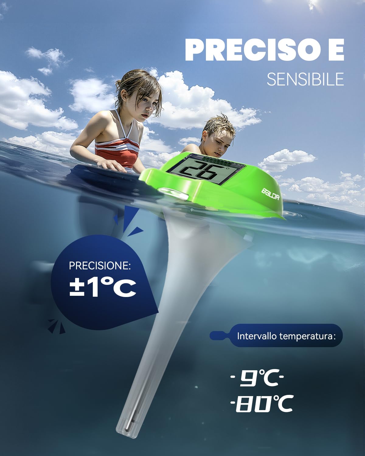 Termometro Galleggiante BALDR Solare con Doppio Display Anti-Riflesso | Sensore Temperatura Digitale IPX7 per Piscine/SPA(Verde)