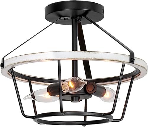 Kira Home Palmer - Lámpara de techo semiempotrada rústica de 12.5 pulgadas, 3 luces, estilo rústico de madera de fresno blanco + acabado negro