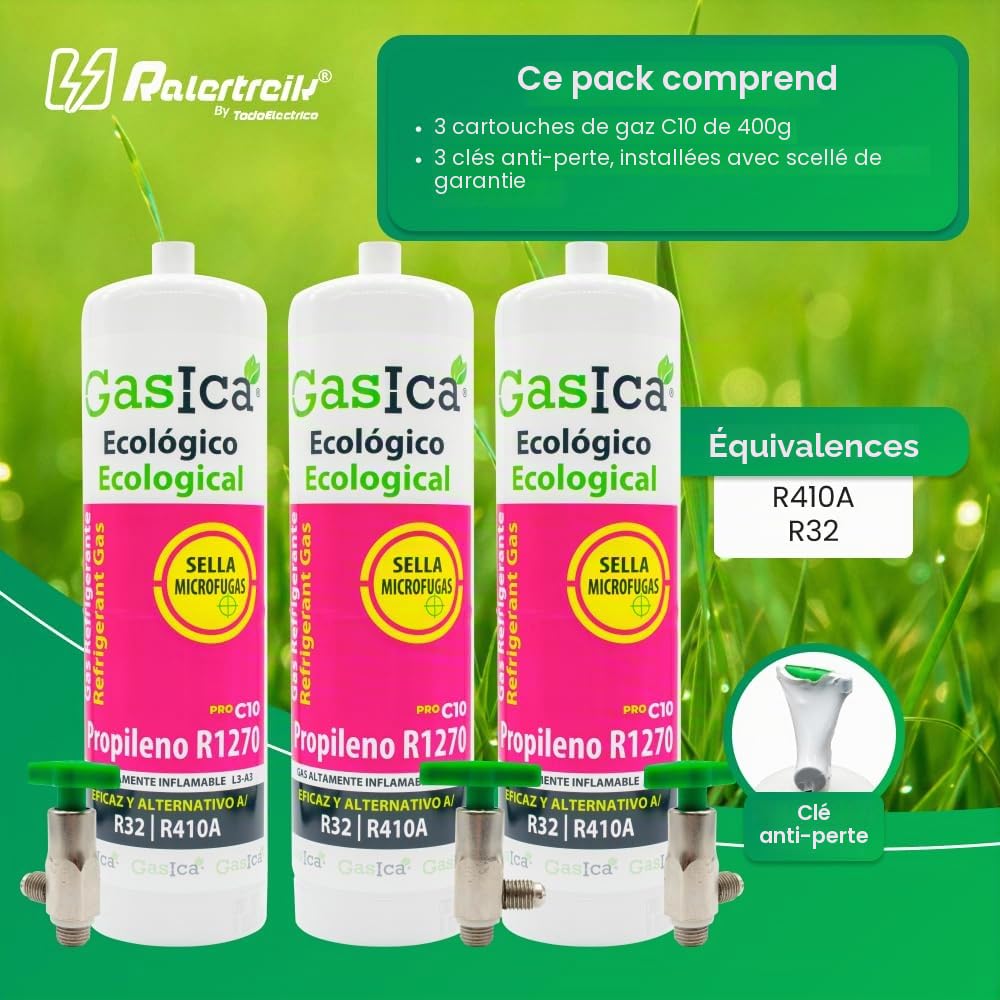 Gaz réfrigérant gasica C10 Compatible avec R32 R410A, valve incluse (3 bouteilles)