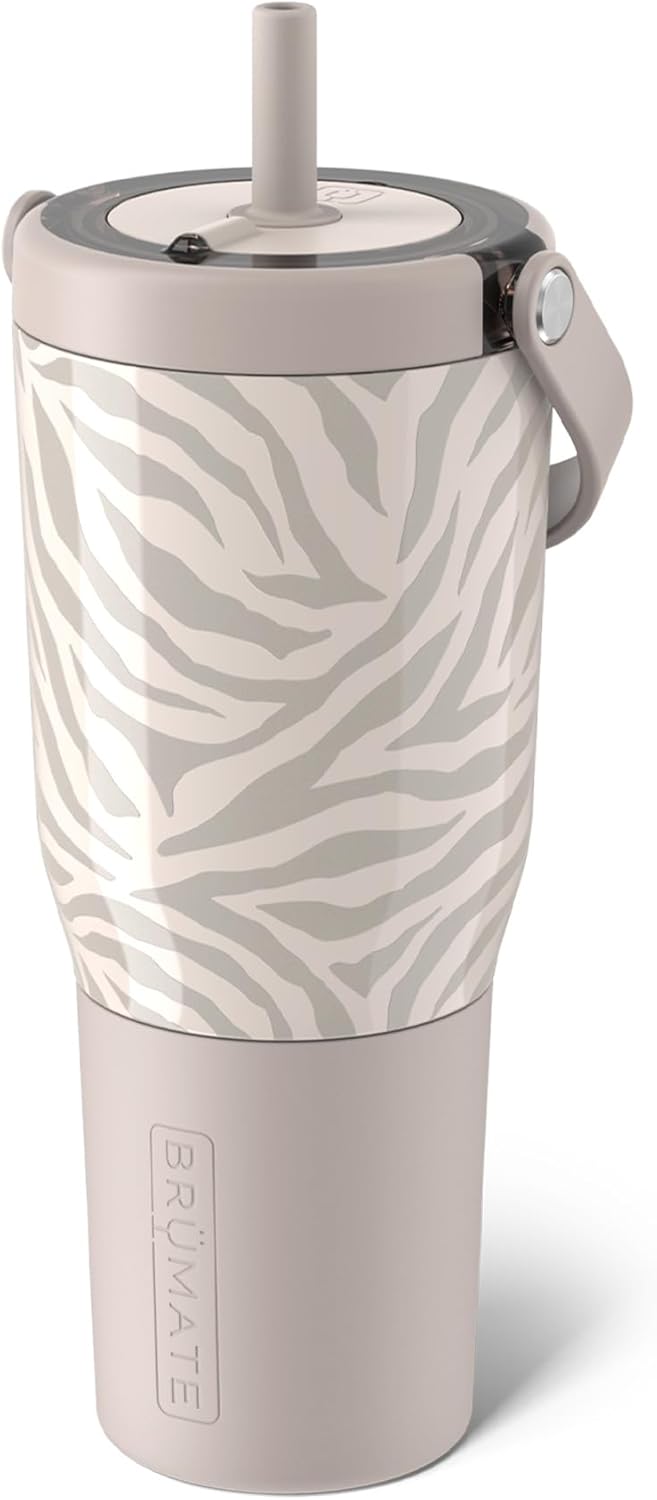 BrüMate Resa 35oz 100% Leakproof Travel Tumbler with Handle & Straw | Flexible SoftSip Straw | Silicone Sleeve for Durability | Stainless Steel | Cup Holder & Travel Friendly Water Bottle | (Zebra)