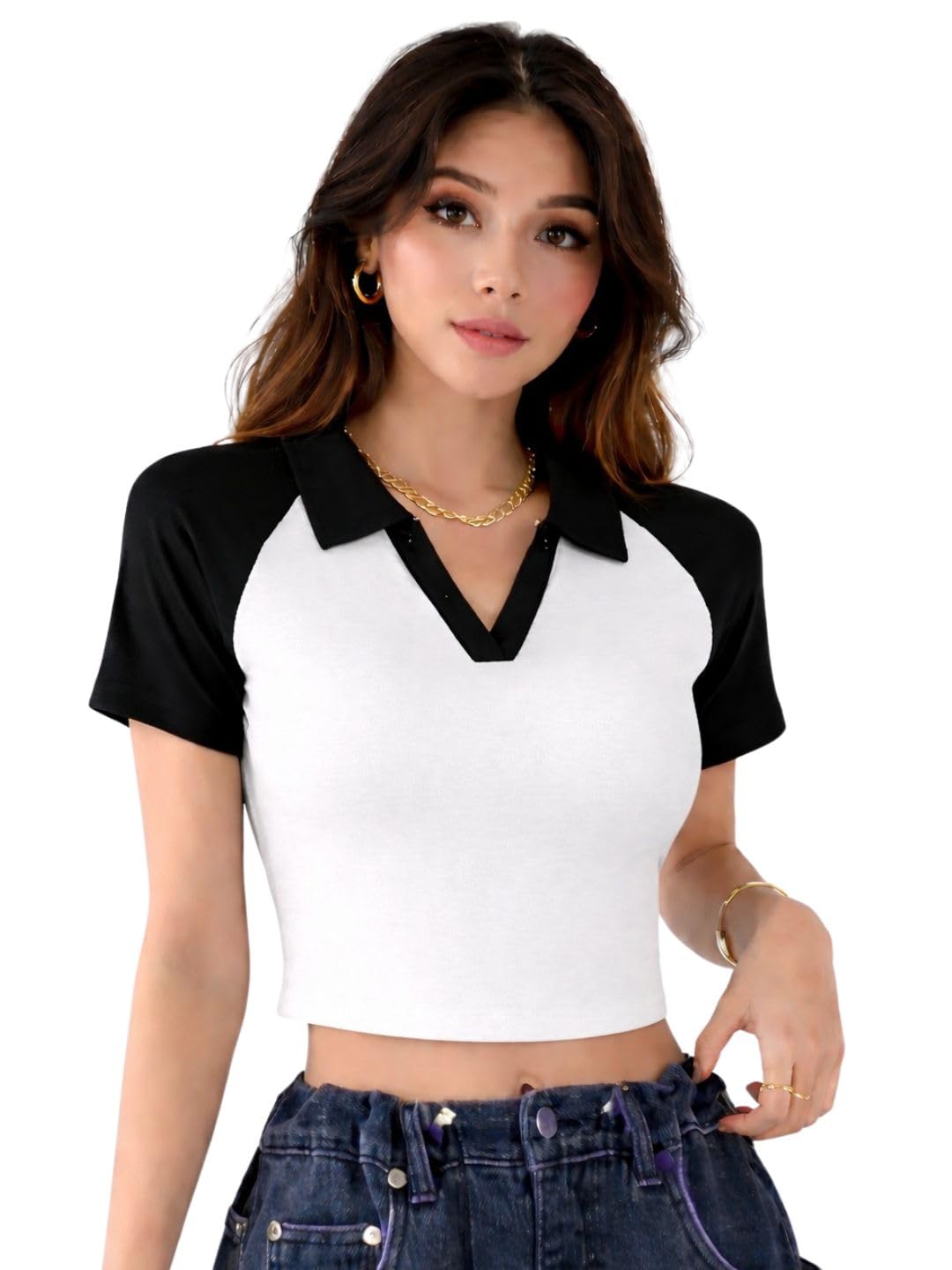 Women Color Block Crop Top White Black Polo Neck Slim Fit Stylish Casual Top-picture-12