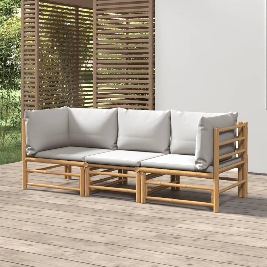Salon de jardin en bambou 3 pièces avec coussins gris clair, canapé d'extérieur modulable avec accoudoirs et dossier pour un grand confort d'assise