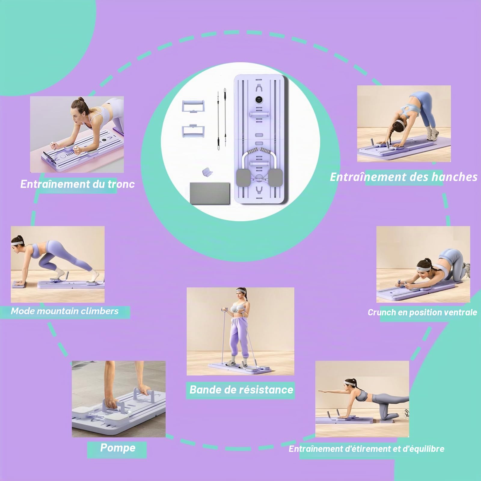 Planche de réformateur de pilates pliable avec rouleau abdominaux, machine d'exercice abdominale, planche de pilates multifonction pour entraînement à la maison, entraînement complet du corps, planche