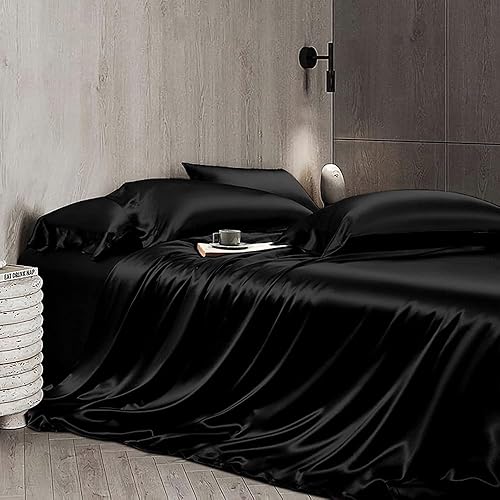 Orose Juego de sábanas encimeras de seda Momme Charmeuse de 25 piezas, 100% seda de morera sin costuras, sábana superior (negro, King)