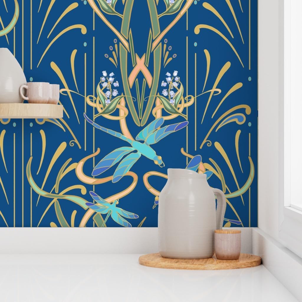 Spoonflower Removable Wallpaper 3ft x 2ft - Art Nouveau Dragonflies Classic Blue Classy Deco Custom Pre-Pasted Wallpaper