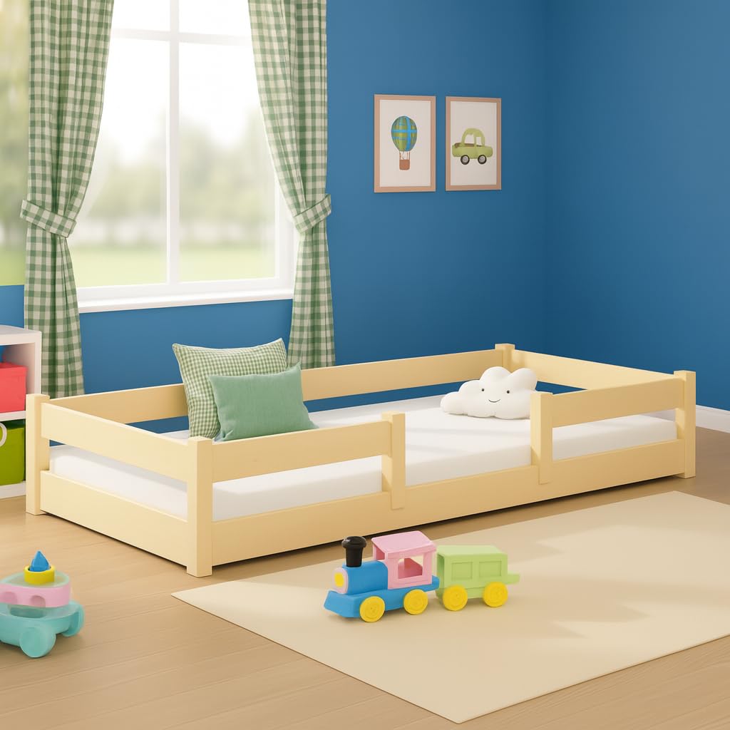 KOBI Lit d'enfant 120x60 cm, avec Balustrade - Lila lit de Sol en Bois de pin Naturel