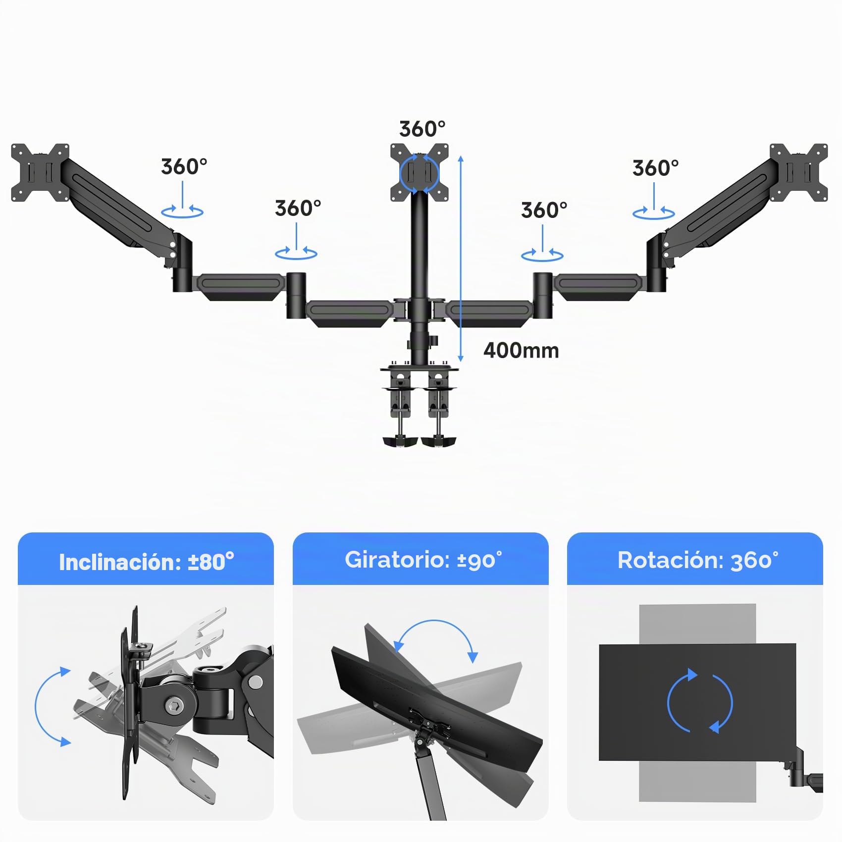 suptek Soporte de Triple Monitor con Resorte de Gas para Pantallas de 17-32", Brazo Triple Ergonómico Ajustable en Altura, Giro y Rotación 360°, VESA 75/100mm, Carga 10kg por Brazo, Negro, MD8003