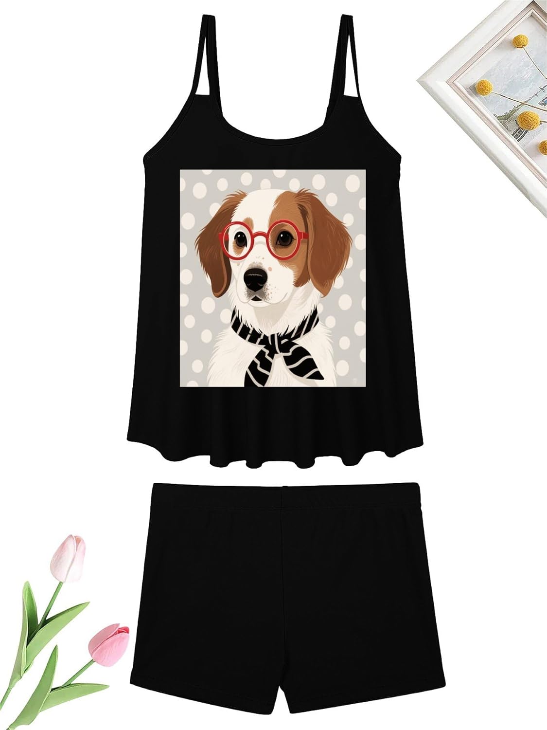Hipster Portrait Dog Tankini Swimsuits for Women Tummy Control Two Piece Bathing Suits Swim Tops with Boy Shorts