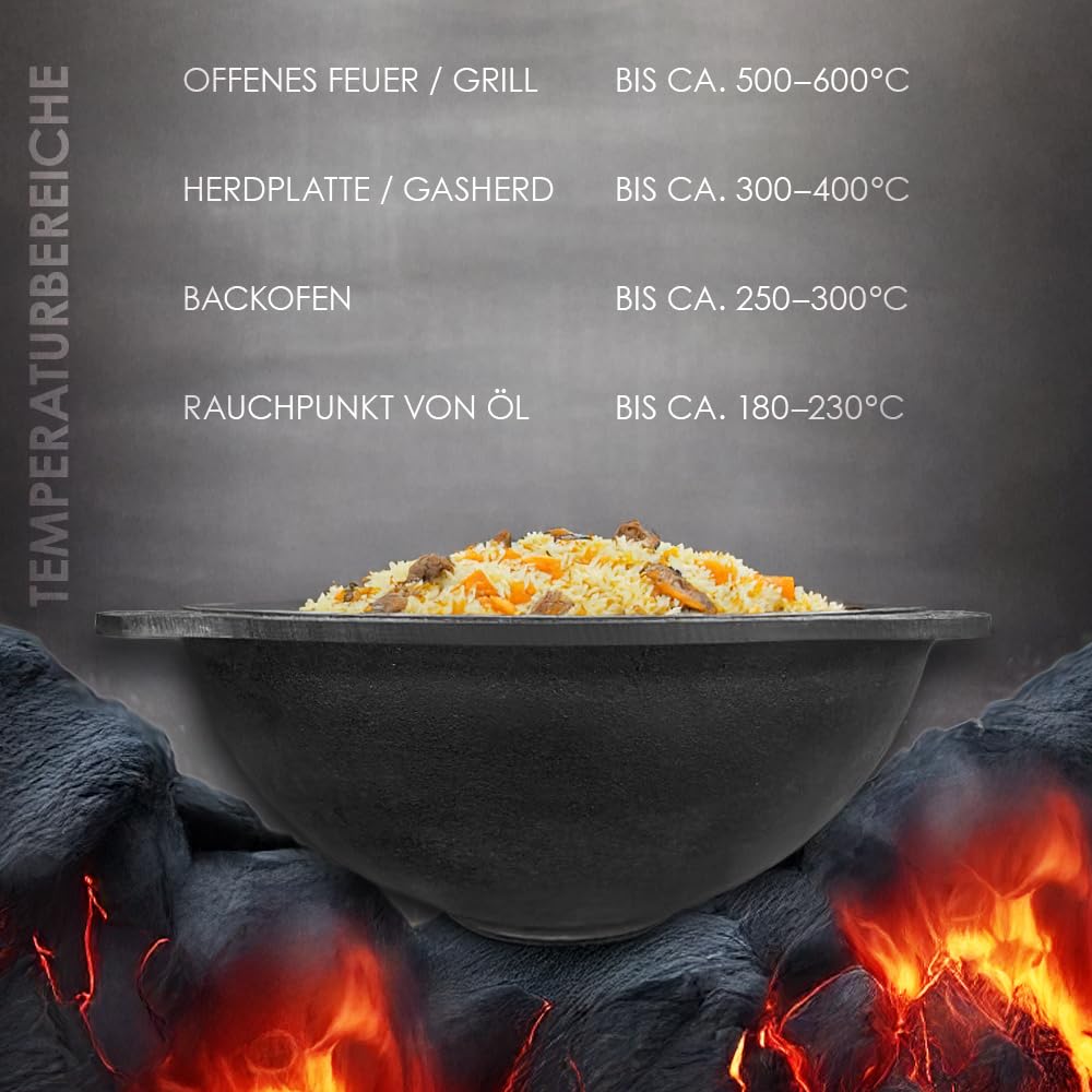 Gusseisen Kazan 30 L, runder Boden, Ø 58 cm, Usbekischer Topf, WOK, Kasan, Camping Topf, Feuerofen, BBQ Dutch Oven, Gulaschkanone, Schmortopf, Kessel