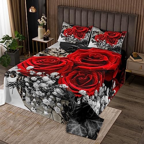 Rose Floral Bedspread Set Queen, Romantic Red Flowers Quilt Set for Girls Women Kids Teens, Vintage Farmhouse Style Coverlet Set, Valentine 3D Rose Bedding Set with 2 Pillow Cases, Red Gray Black