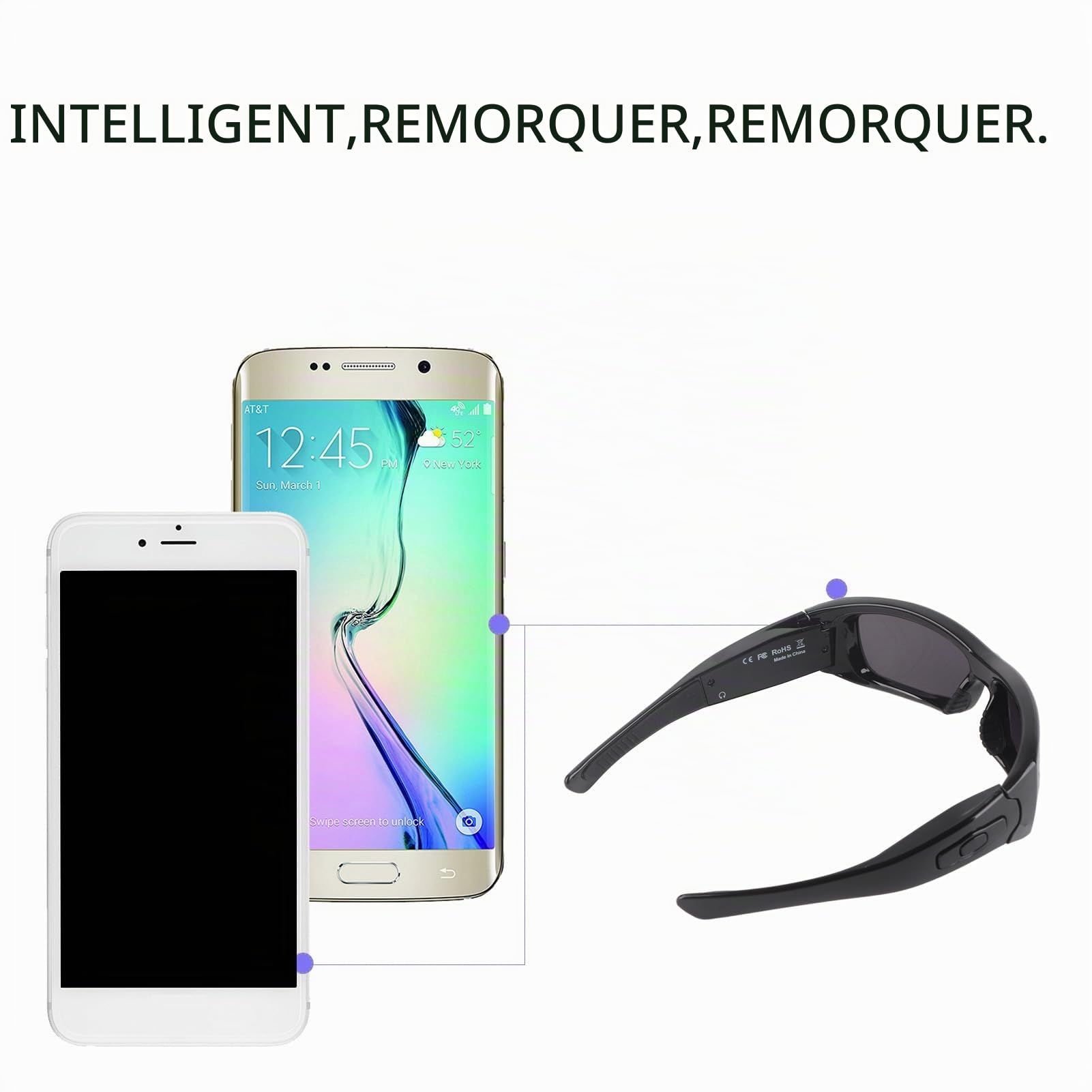 Tonysa Lunettes de soleil intelligentes, écouteurs avec appareil photo, verres polarisés 1080p, mains libres, connectées à l'ordinateur, fonction OTG, pour la conduite et les voyages
