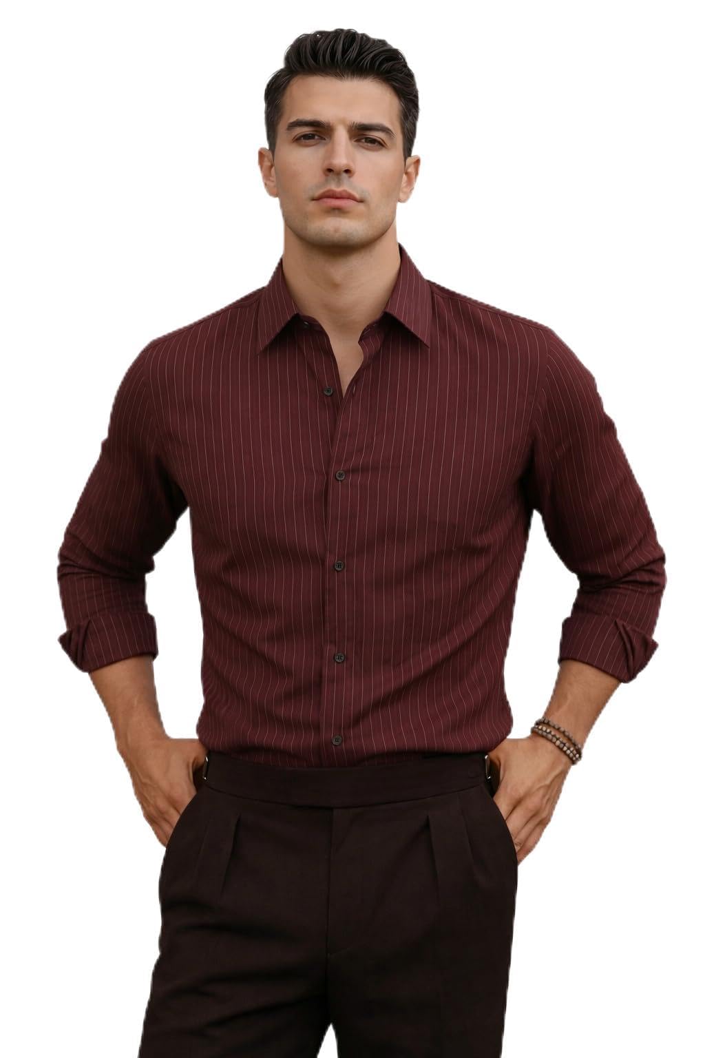 Maroon Solid Self Design Opaque Party Men's Shirt-image-35