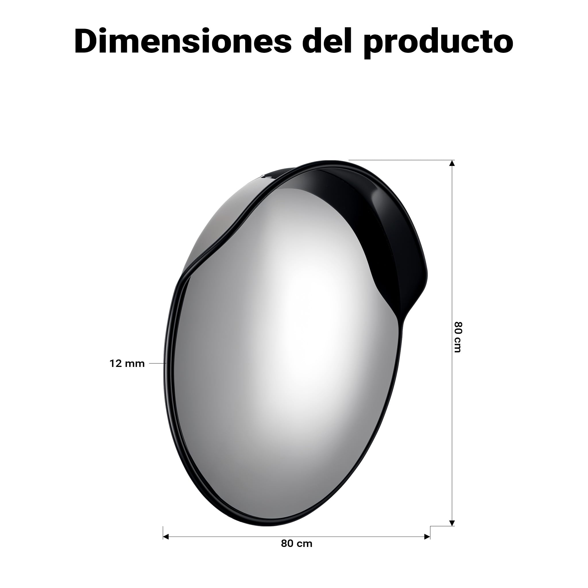 Wiltec Espejo de tráfico convexo 80 cm con cubierta protectora, color negro, espejo de seguridad redondo con campo de visión de 130°, diseño convexo para salidas, material de montaje incluido