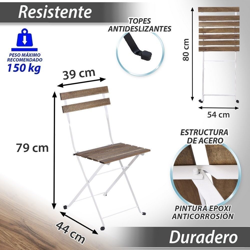 LOLAhome Set Muebles de Balcón Completo | Mesa y 2 Sillas Plegables, de Madera y Acero Blanco | Tratamiento Anticorrosión y Madera Sostenible | para Jardín, Terraza o Balcón | Sirio