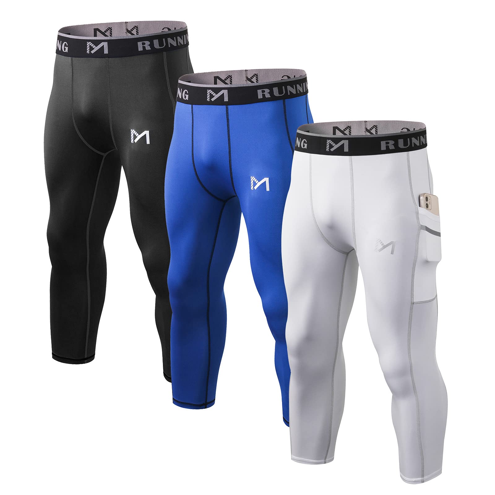 MEETYOOMen's 3/4 Compression Pants with Pockets, Black+White+Blue, Medium