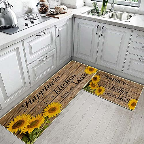Tomwish Sunflower Kitchen Rugs Sets 2 Piece Kitchen Mats For Floor Absorbent Doormat Non-Slip Rubber Backing Area Rugs Washable Carpet For Kitchen Floor Home,Office,Sink,Laundry 17"X47"+17"X27" #TOP2
