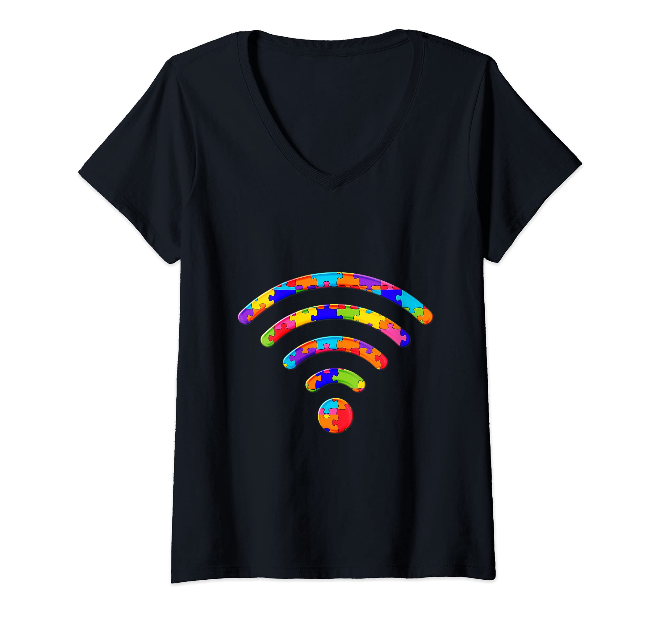 Womens Internet Wifi Jigsaw Autism Puzzle V-Neck T-Shirt