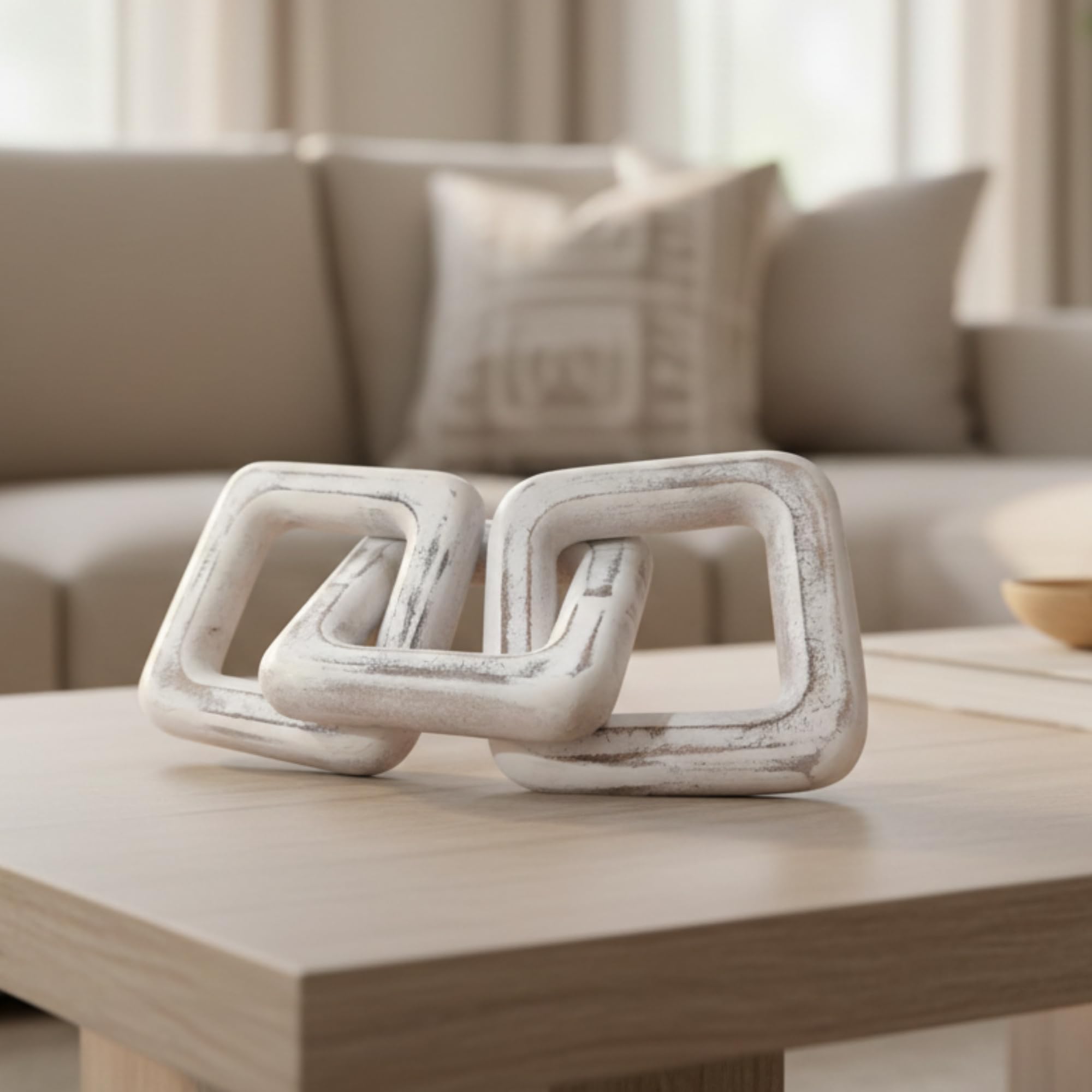 Decorative Chain Link Sculpture | Mango Wood | Made in India | 3 Interlocked Links | Antique White Finish | Boho Home Décor | Housewarming & Wedding Gift-image-13