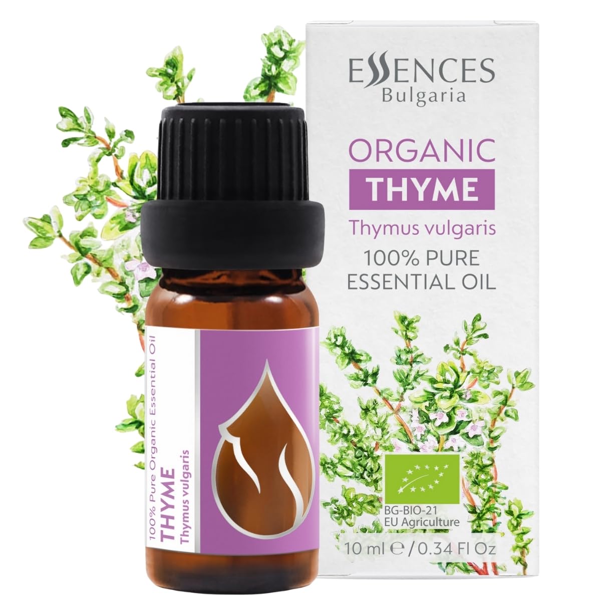 Organic Thyme Essential Oil 1/3 Fl Oz | 10ml | Thymus vulgaris | 100% Pure and Natural | Undiluted | Therapeutic Grade | Family Owned Farm | Steam-Distilled | Non-GMO | Vegan