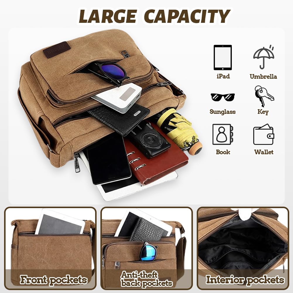 Aucuu Borsa a Tracolla, Borsa Tracolla Uomo, Messenger Crossbody Bag Grande Capacità, Tela Tracolla con Più Tasche per Lavoro, Scuola, Uso Itinerante e Quotidiano