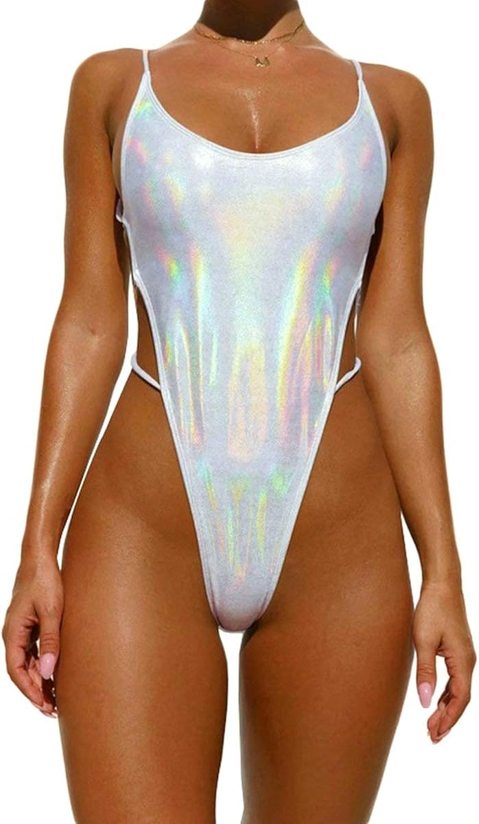 YAUASOPA Sexy Liquid Metallic Glitter One Piece Push Up Swimsuit Female Shiny Solid High Cut Beachwear