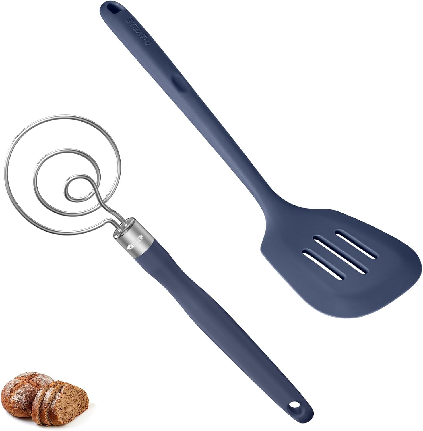 U-Taste 13.6" Slotted Silicone Turner 600ºF Heat Resistant Kitchen Spatula Flipper and 12.6in Stainless Steel Danish Dough Whisk (Midnight Blue)
