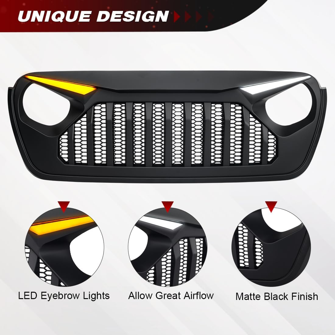 Front Grill Vader Grille Compatible with 2018-2026 Jeep Wrangler JL JLU & 2020+ Gladiator JT, w/DRL Turn Signal Lights, Matte Black
