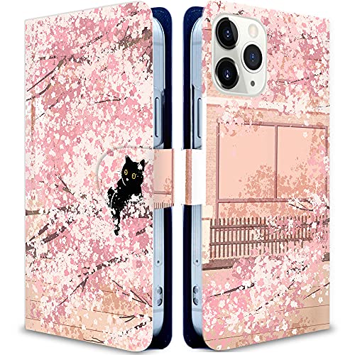 iitrust Xperia 10 III SO-52B ケース 手帳型 エクスぺリア10ⅲケース SO-52Bケース手帳型 耐衝撃 カメラ穴 合皮レザー スタンド機能 カードホルダー 桜と猫 フラワー シンプル アニマル